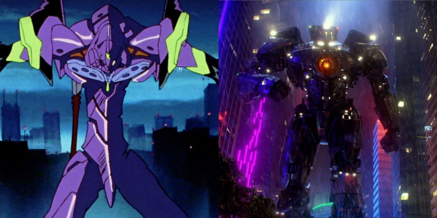 Split images of mecha suits in Pacific Rim and Neon Genesis Evangelion