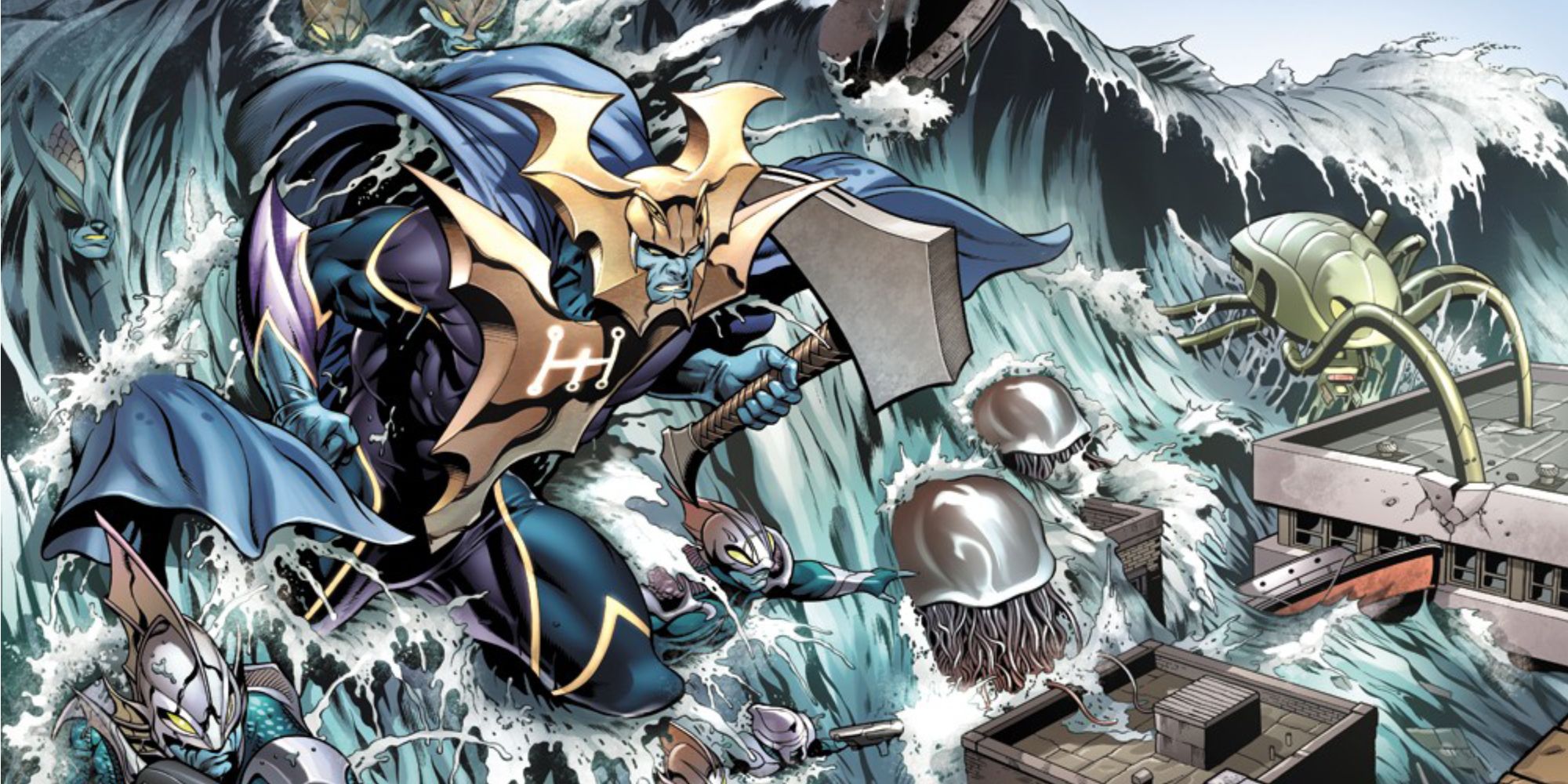 Attuma unleashes a tidal wave against the surface in Marvel Comics.