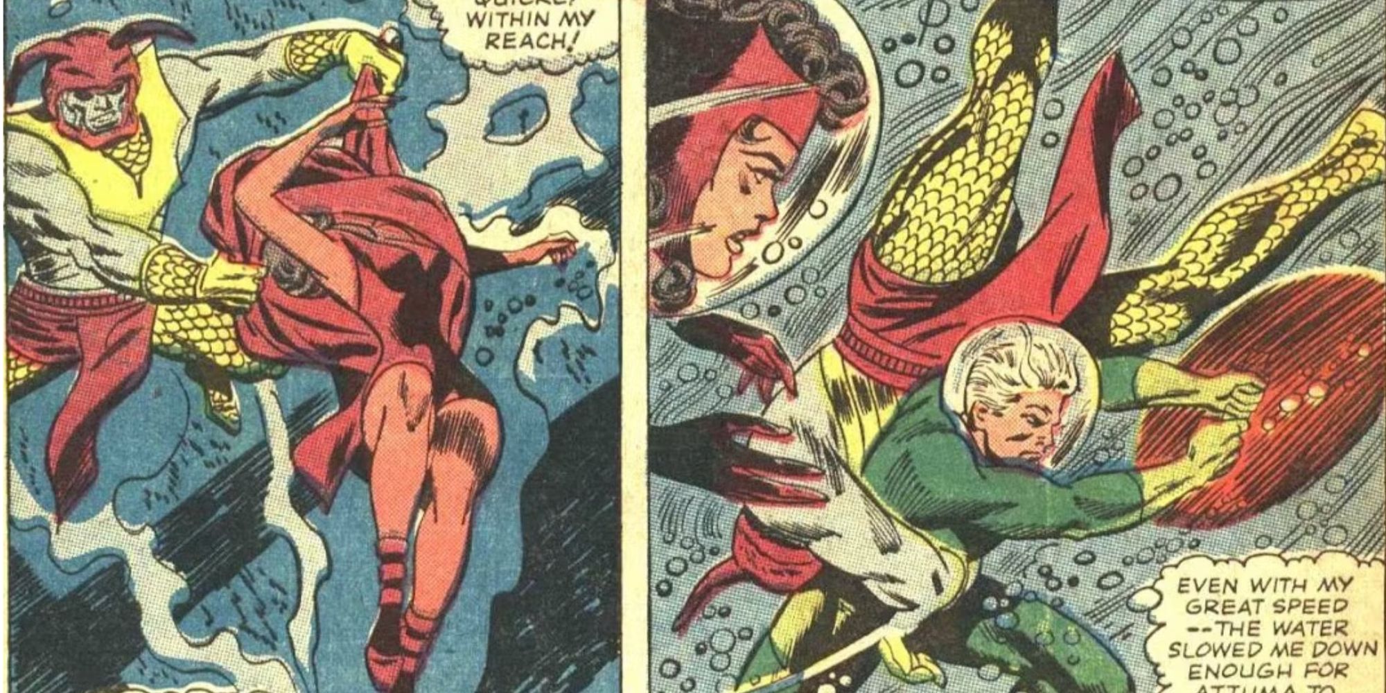 Attuma attacks The Scarlet Witch and Quicksilver in Marvel Comics.