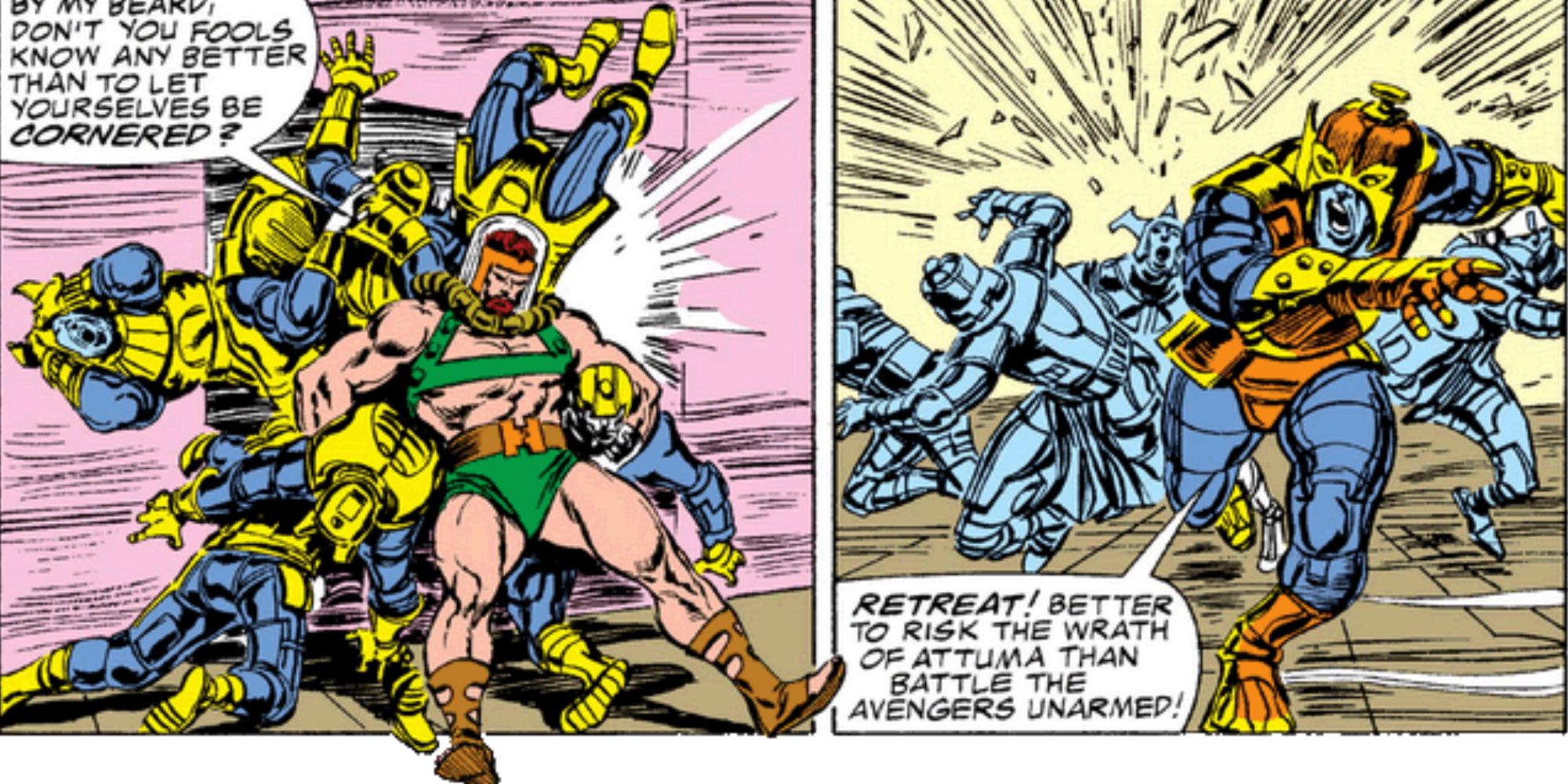 Hercules attacks the Atlanteans in Marvel Comics.