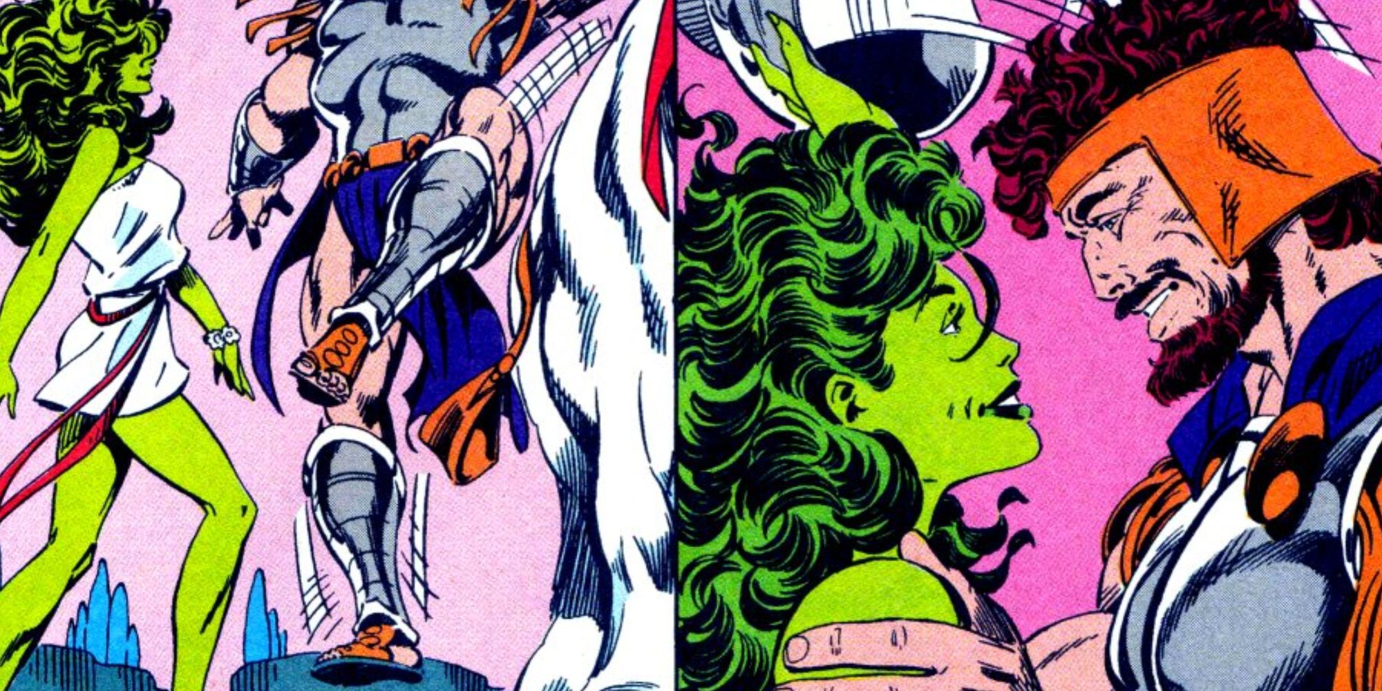 She-Hulk and Hercules embrace in Marvel Comics.