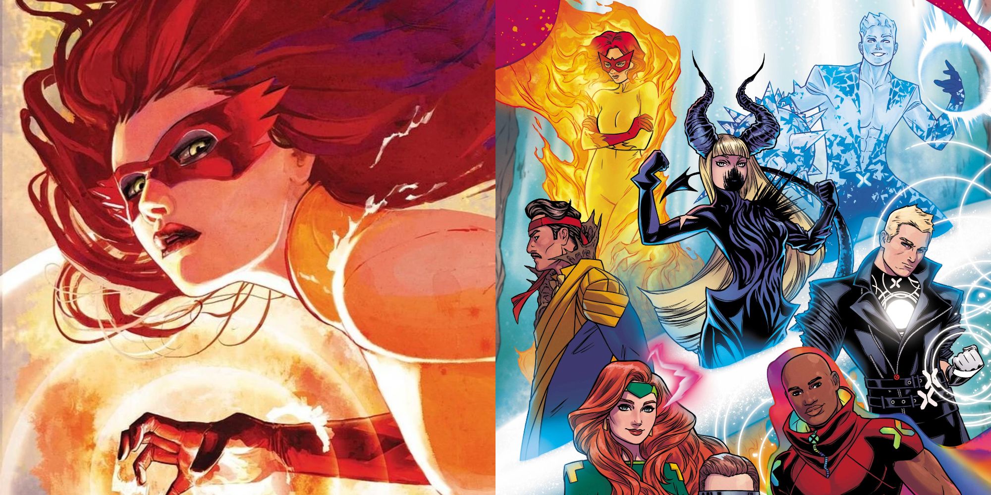 Split image of Firestar from Marvel Comics and with the X-Men at the Hellfire Gala 2022.