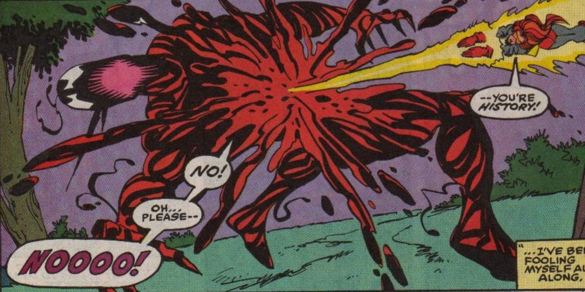 Firestar blasts Carnage in Marvel Comics.