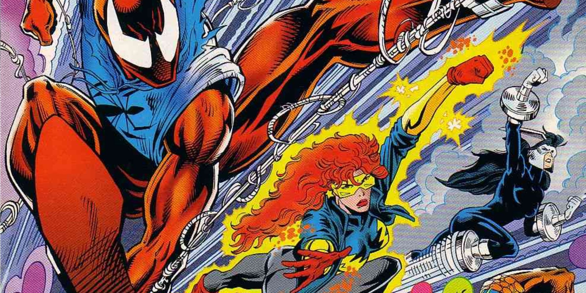The Scarlet Spider and Firestar fly into battle in Marvel Comics.