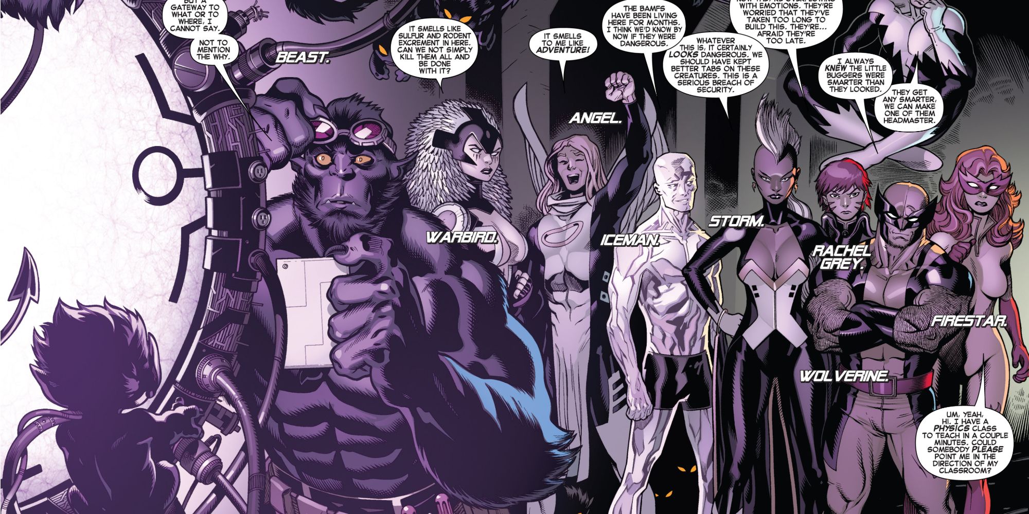 The X-Men look on as Beast examines Nightcrawler in Marvel Comics.