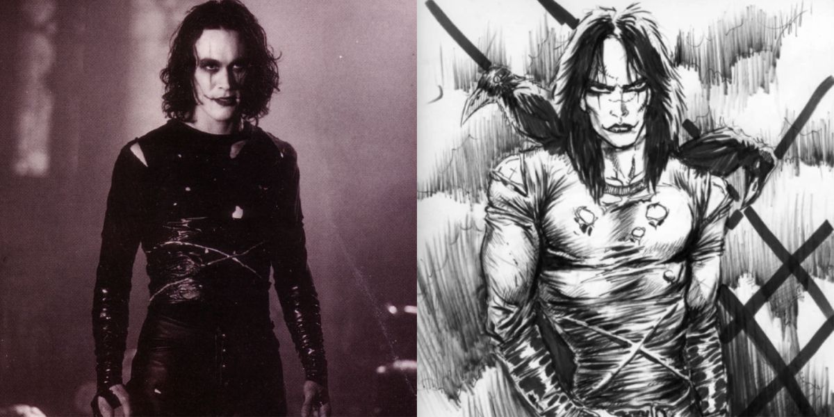 Side by side images of Eric Draven in the film version of the crow next to the comic version.