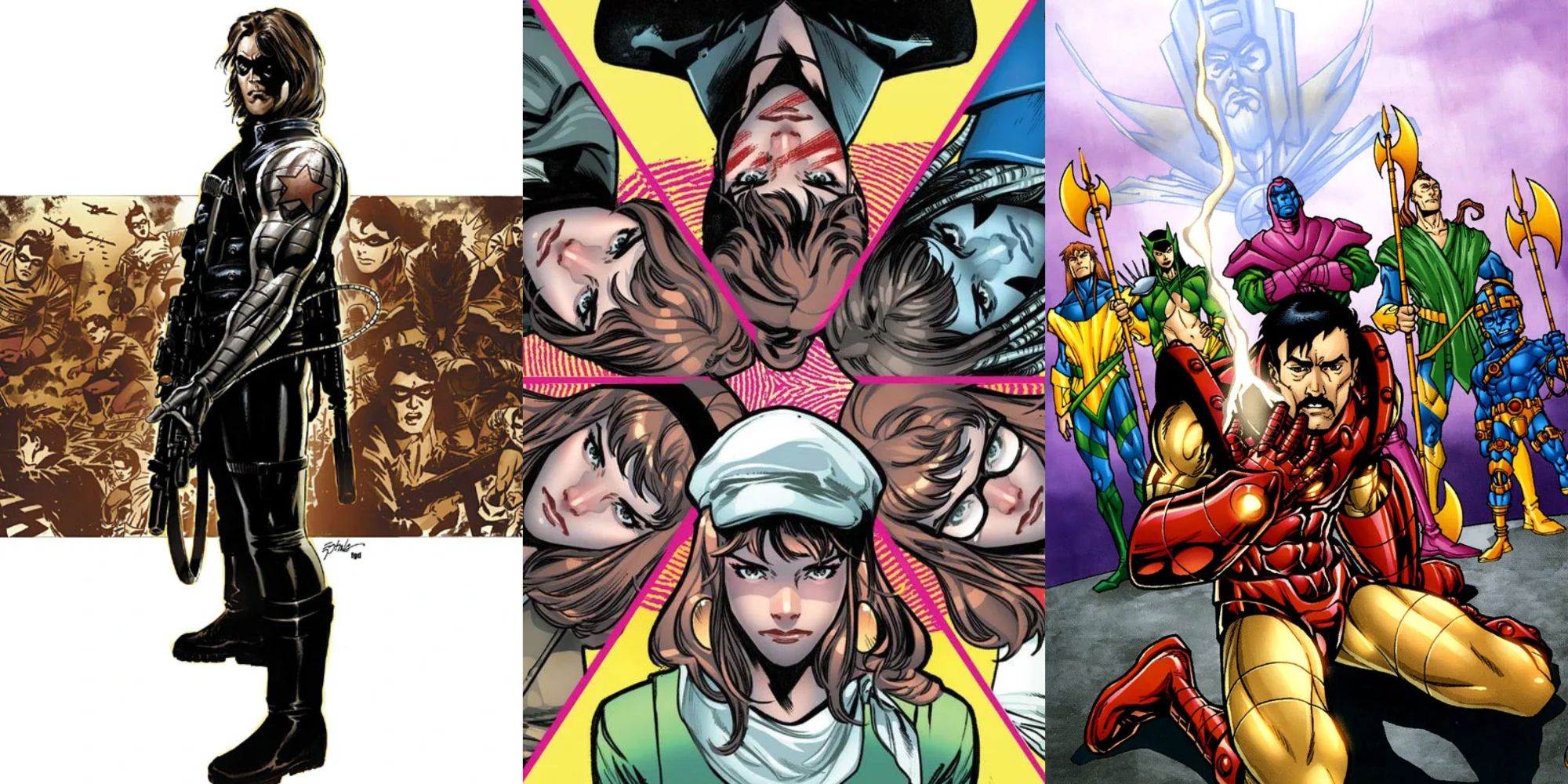Split image of Bucky Barnes as the Winter Soldier, Moira MacTaggert's different lives, and Iron Man as Kang's agent in Marvel Comics.