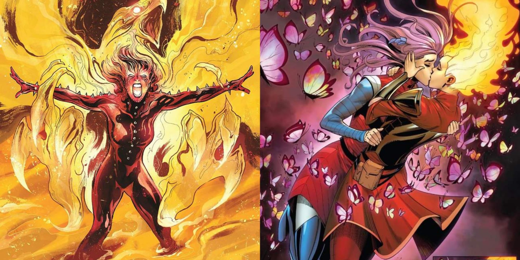 Split image of Rachel Summers using the Phoenix Force and kissing Betsy Braddock in Marvel Comics.