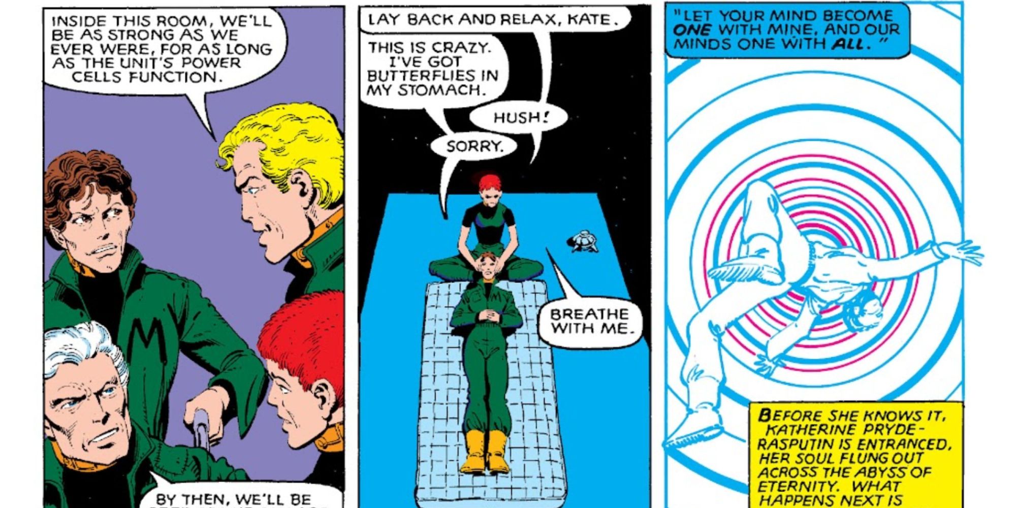 Rachel Summers sends Kate Pryde back in time in Marvel Comics.