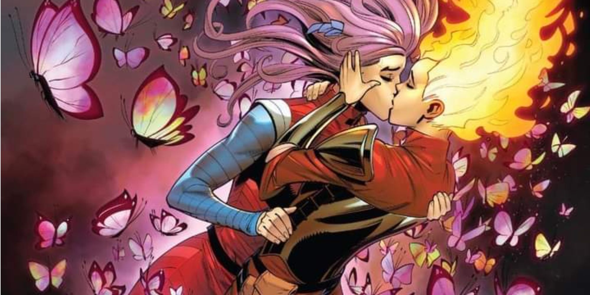 Rachel Summers and Betsy Braddock kiss in Marvel Comics.