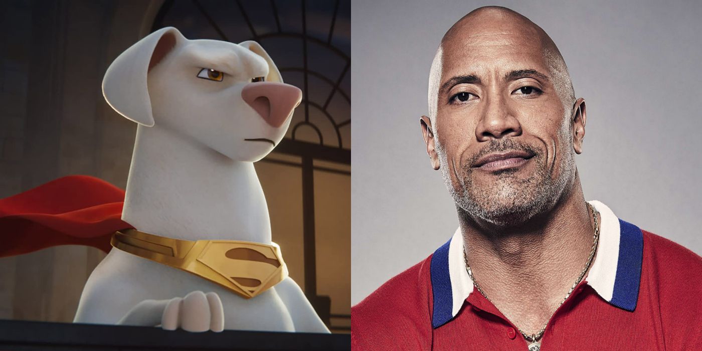 Dwayne Johnson stands in front of a grey background next to Krypto posing heroically in front of a building.