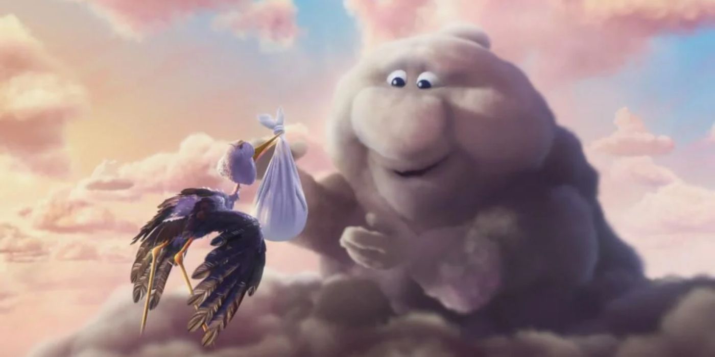 a cloud receives a baby from a stork