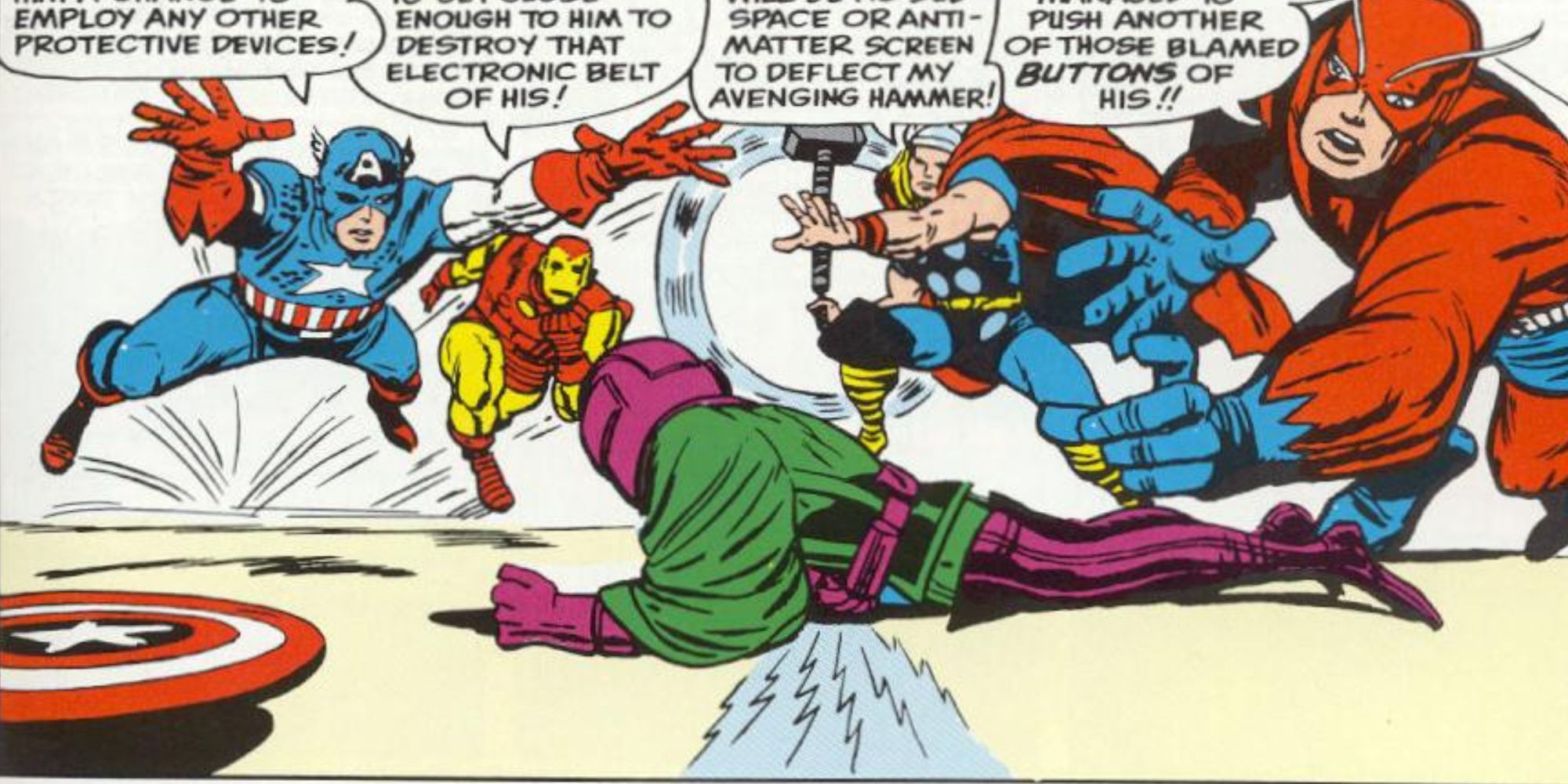 The Avengers attack Kang The Conqueror in Marvel Comics.