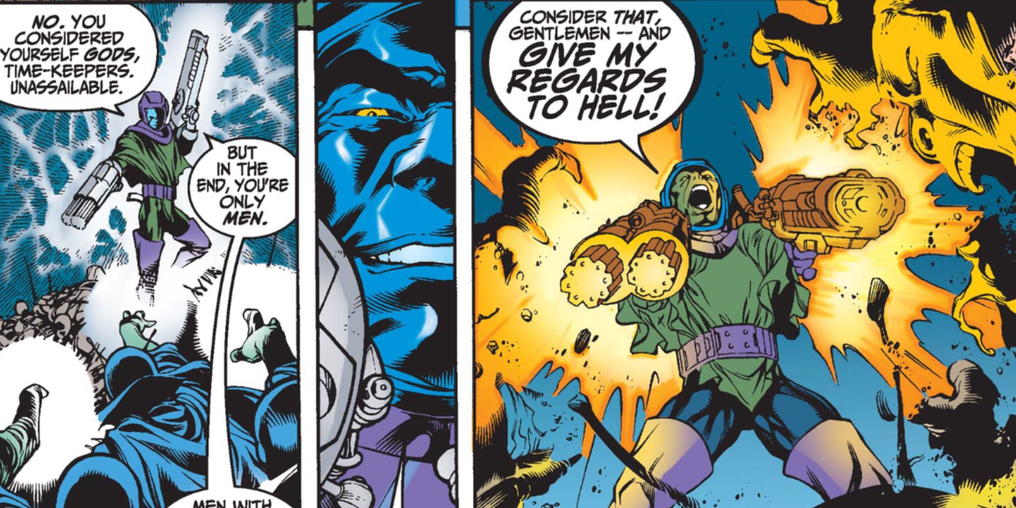 Kang The Conqueror fights the time Keepers in Marvel Comics.