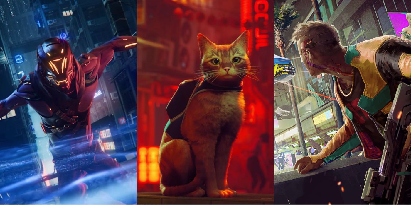 A collage of the cyberpunk video games Ghostrunner, Stray, and Cyberpunk 2077