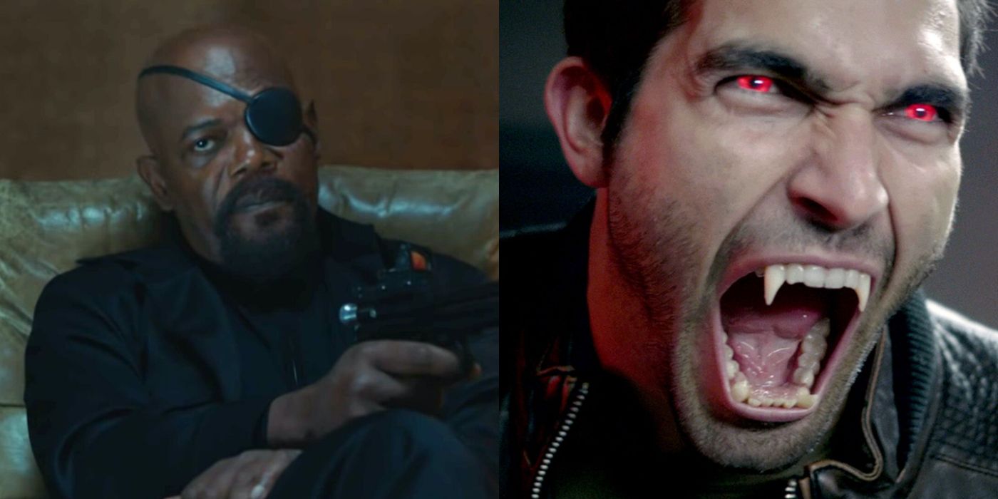 Split Image of Derek Hale in wolf form and Nick Fury sitting in a chair