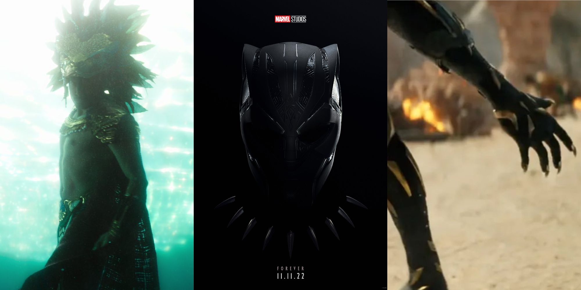 Split image of Namor from Wakanda Forever, the Wakanda Forever poster, and the new Black Panther from the movie.