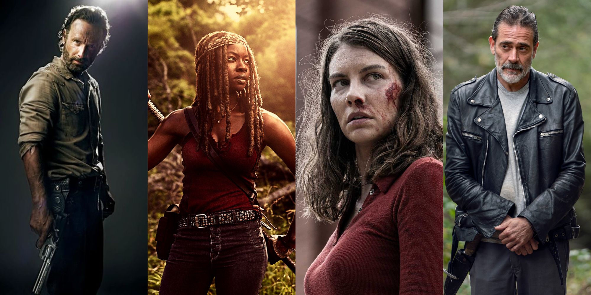 A split image of Rick, Michonne, Negan, and Maggie from The Walking Dead.