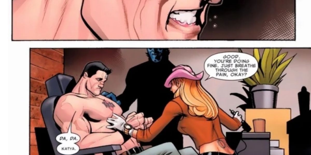 Colossus gets a tattoo.