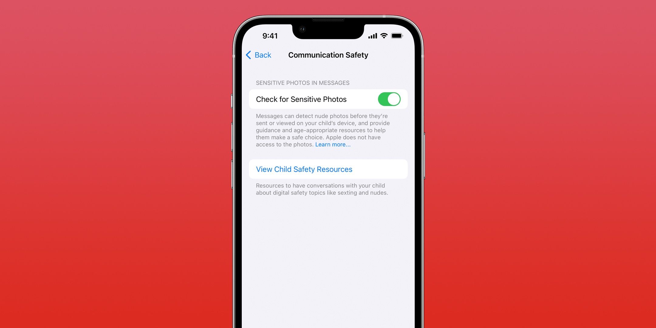 The Communication Safety settings using Screen Time on iOS.
