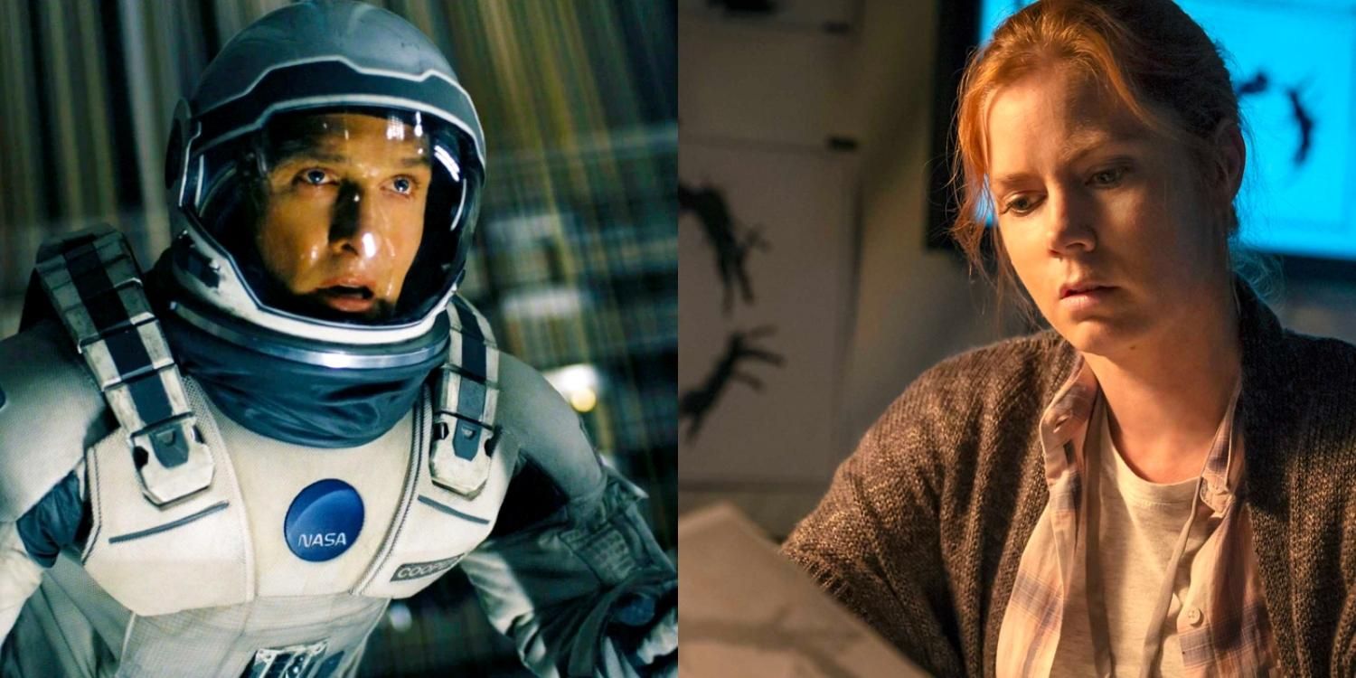 Cooper in a space suit in Interstellar and Louise staring at a paper in Arrival