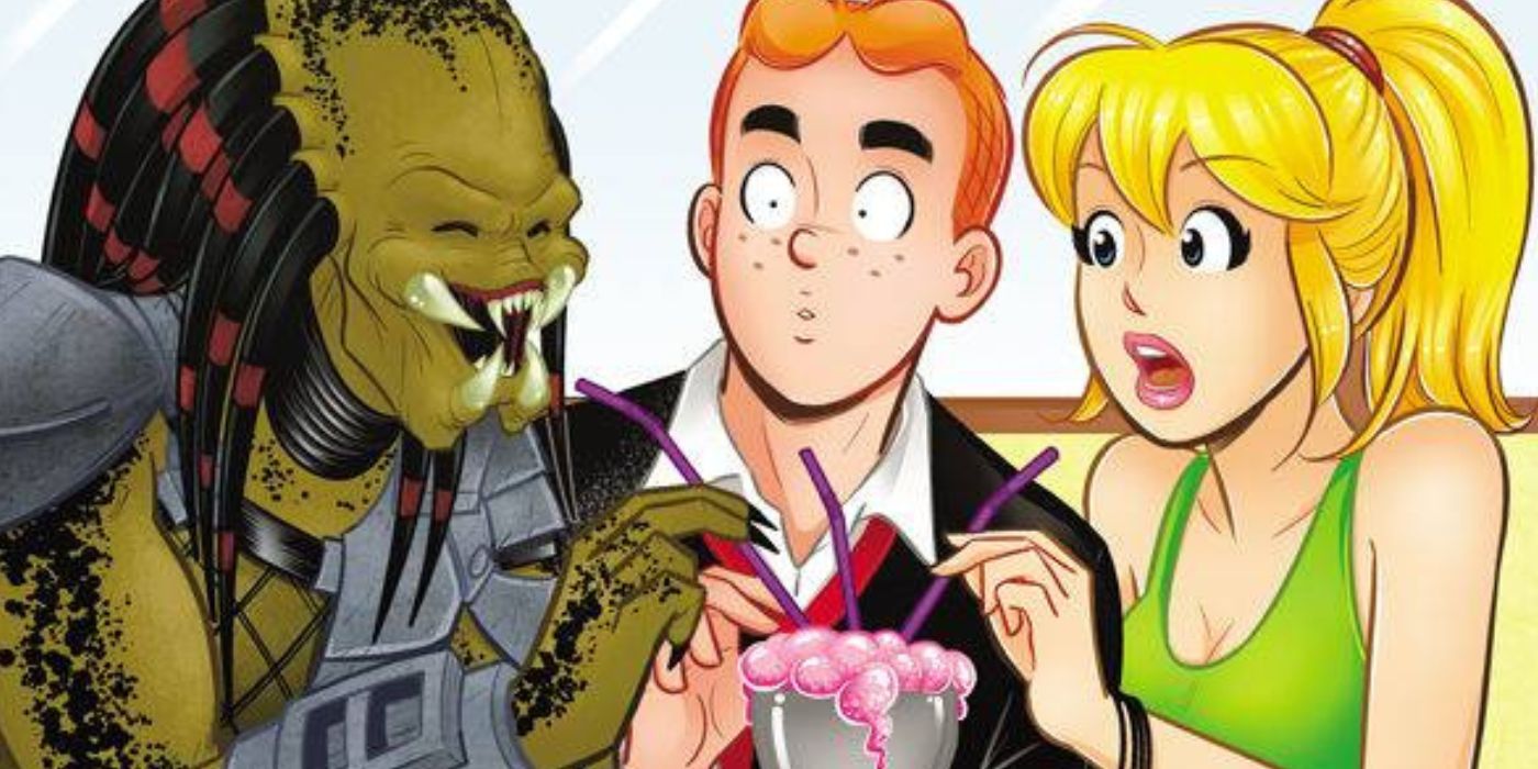 Cover of Predator vs Archie featuring Predator drinking a smoothie with Betty and Archie