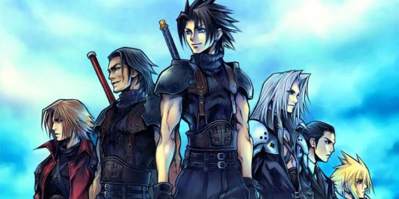 Key art of Zack flanked by the supporting cast of the original Crisis Core on PSP.