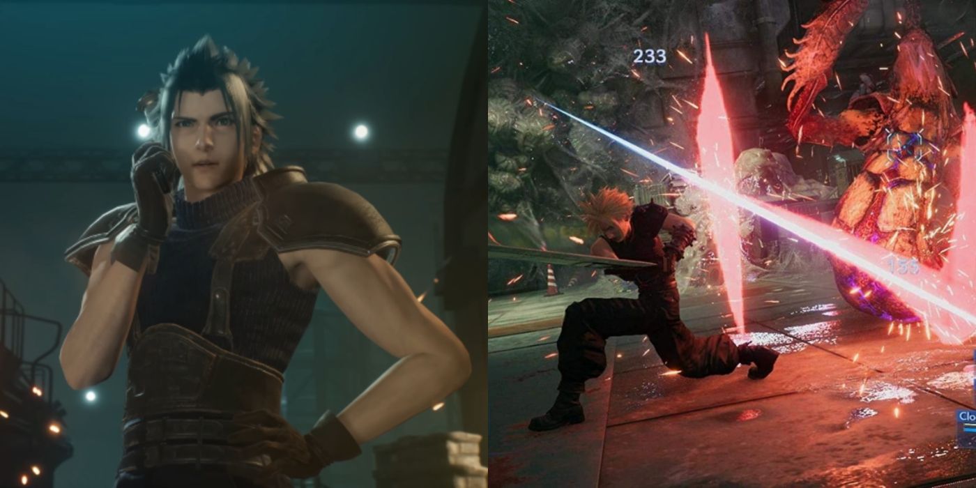 Split image of Zack in Crisis Core Reunion and Cloud in combat in FFVIIR.