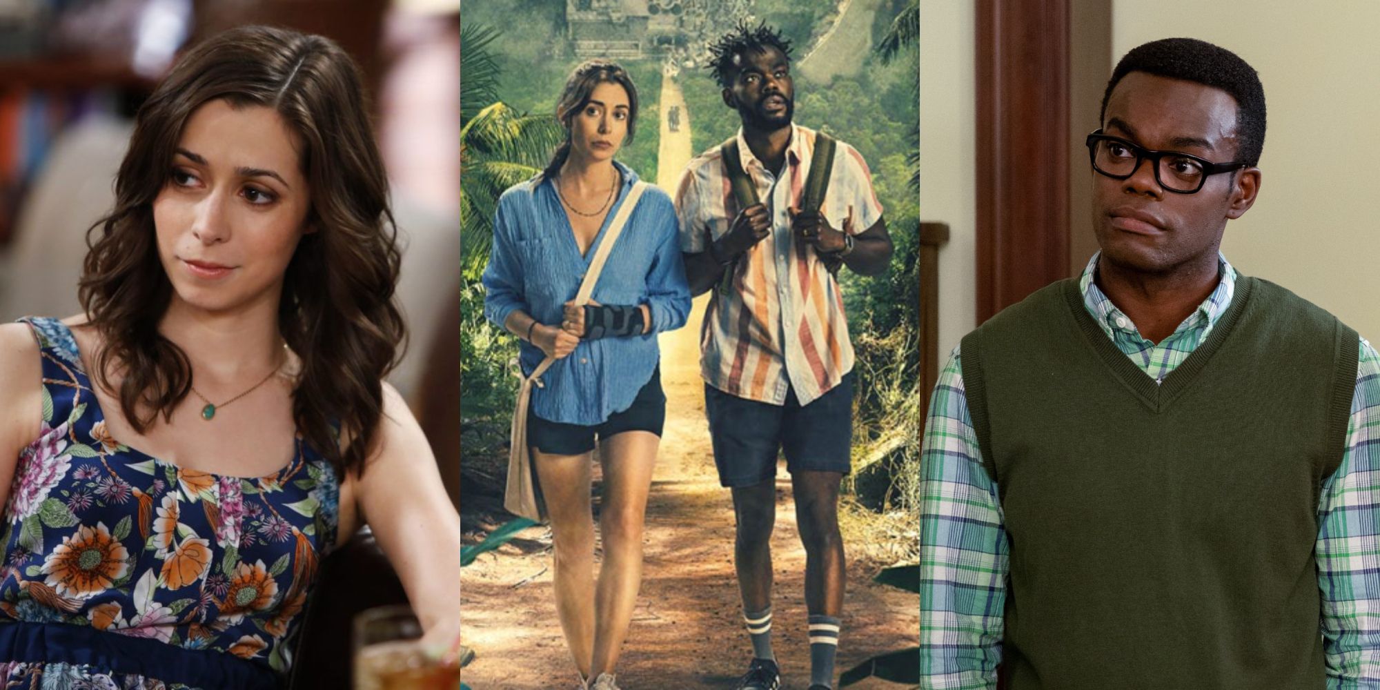 Split image showing Tracy in HIMYM, the main characters from The Resort, and Chidi in The Good Place.