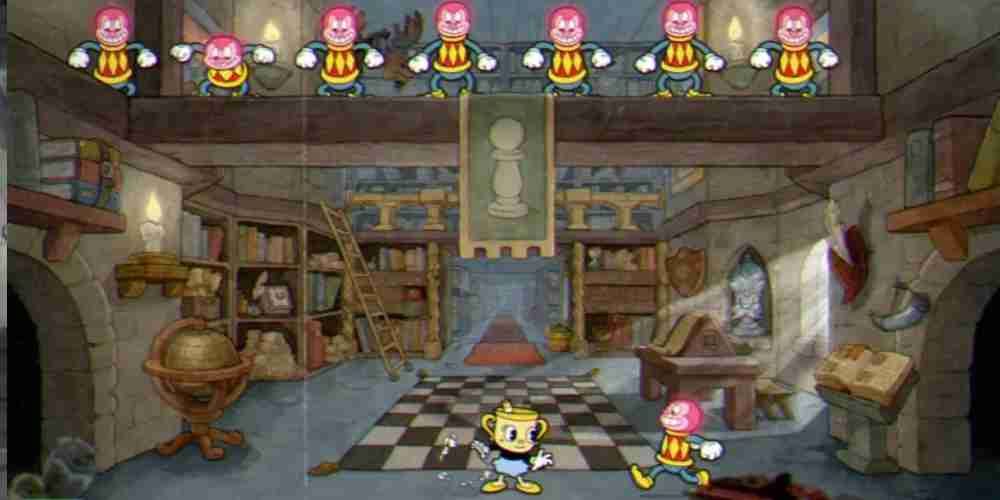 A group of pawns stands above Miss Chalice in the Cuphead DLC