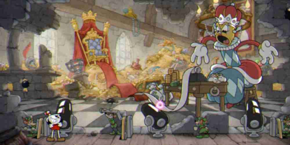 The Queen stands in the background of this Cuphead DLC level.