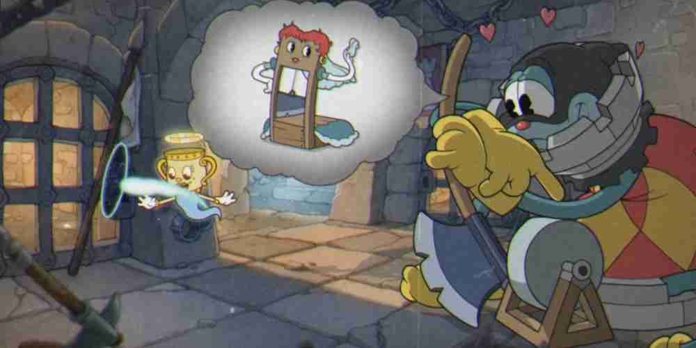 Cuphead DLC has the Rook boss crushing on a guillotine.