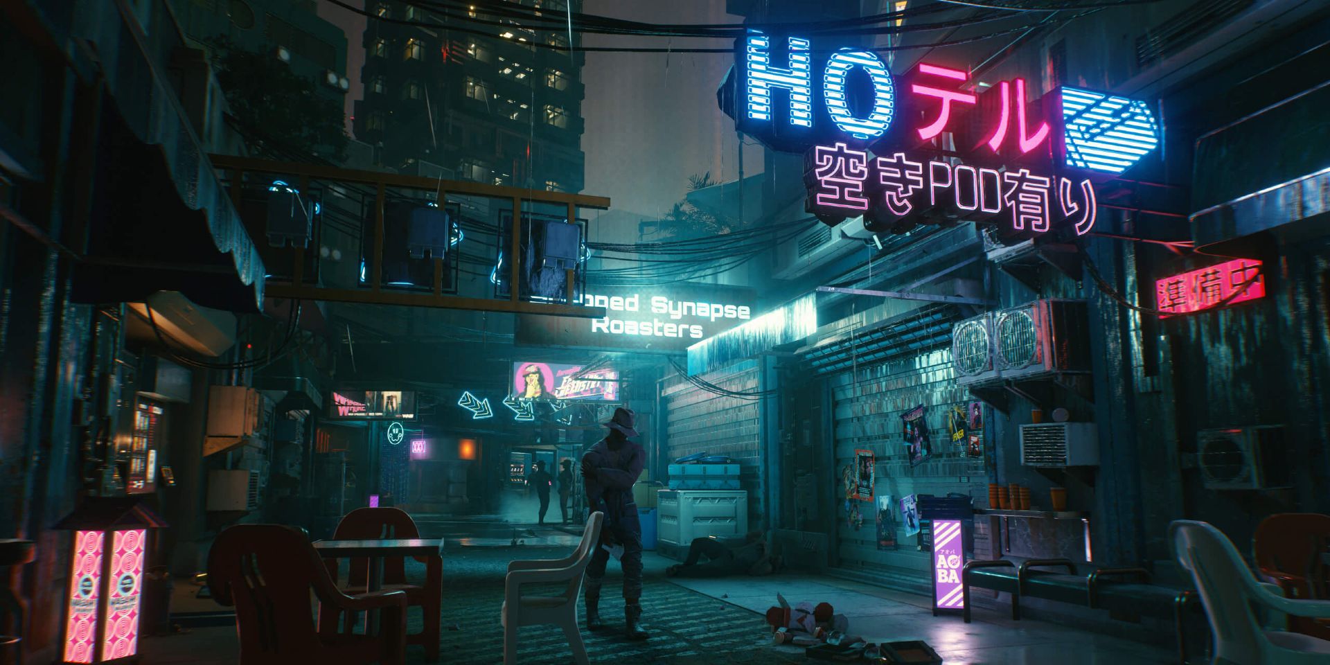 A screenshot of Night City from the video game Cyberpunk 2077.