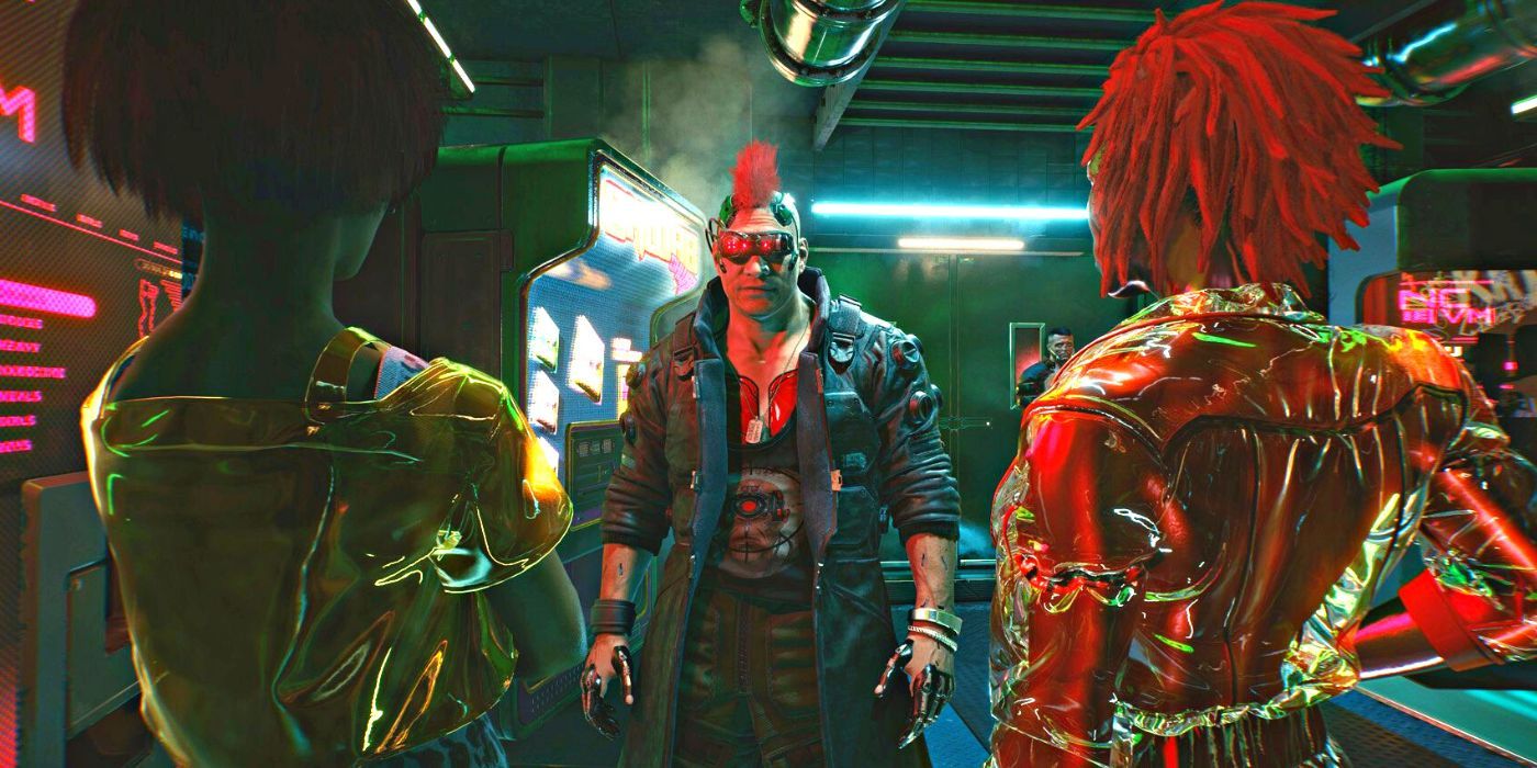Two characters in Cyberpunk 2077 stand facing away from the camera, looking at a third character in center frame