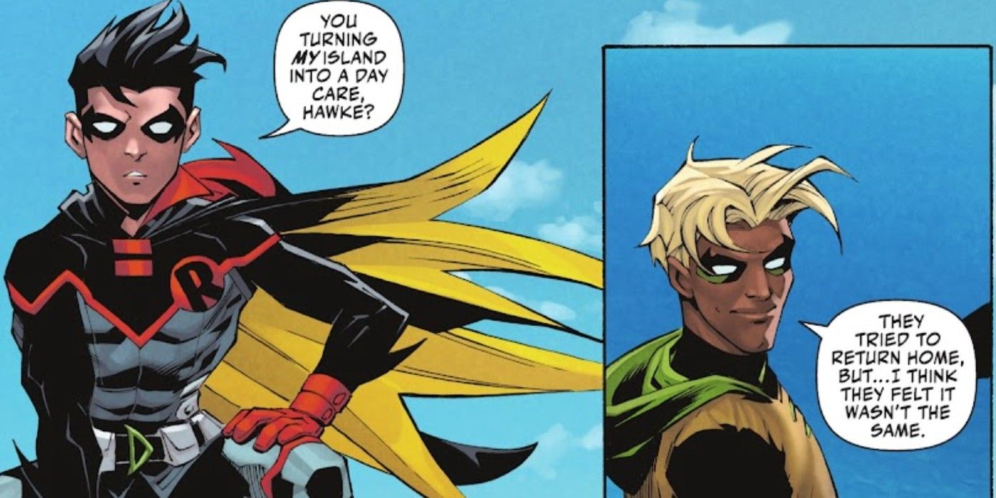 Damian Wayne and Connor Hawke discuss Lazarus Island in Robin #15