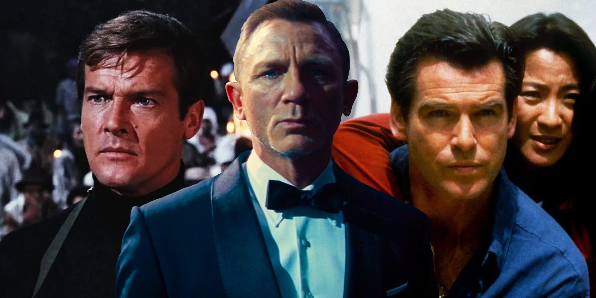 Daniel Craig, Pierce Brosnan, and Roger Moore as James Bond