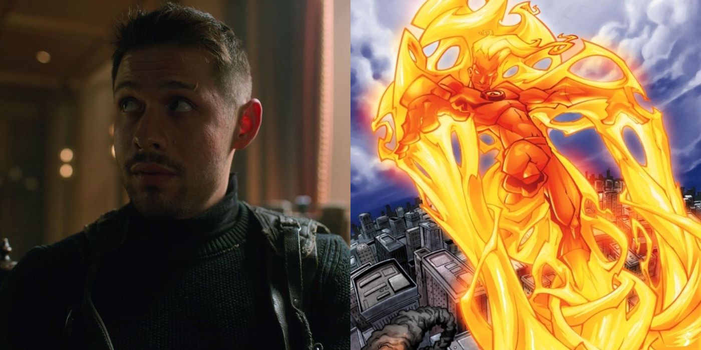 Split image showing Diego in The Umbrella Academy and the Human Torch in Marvel Comics,