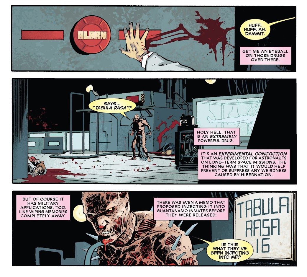 Deadpool finds out the truth about the Tabula Rasa drug in Deadpool #14.