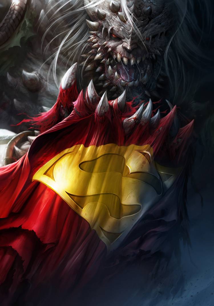 Comic book cover: Doomsday holds Superman's cape in his claws.