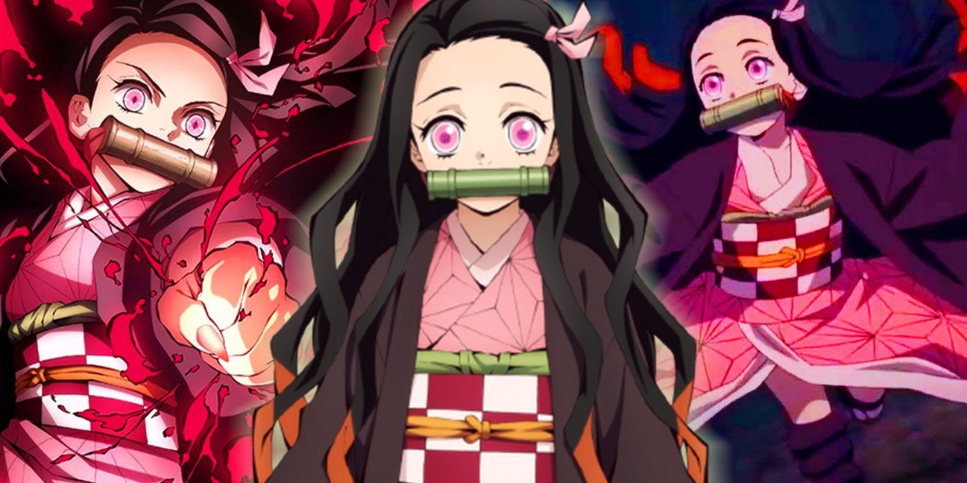 Demon Slayer Slit Image of Nezuko in Adult, Teenager, and Child Forms.