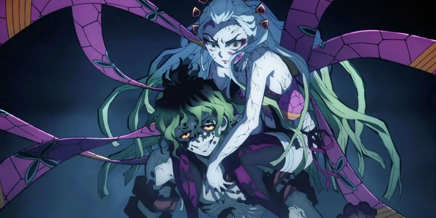 Image of the Demon Slayer Twins and Twelve Demon Moons Daki and Gyuutaro, while Gyuutaro carries her on his back.