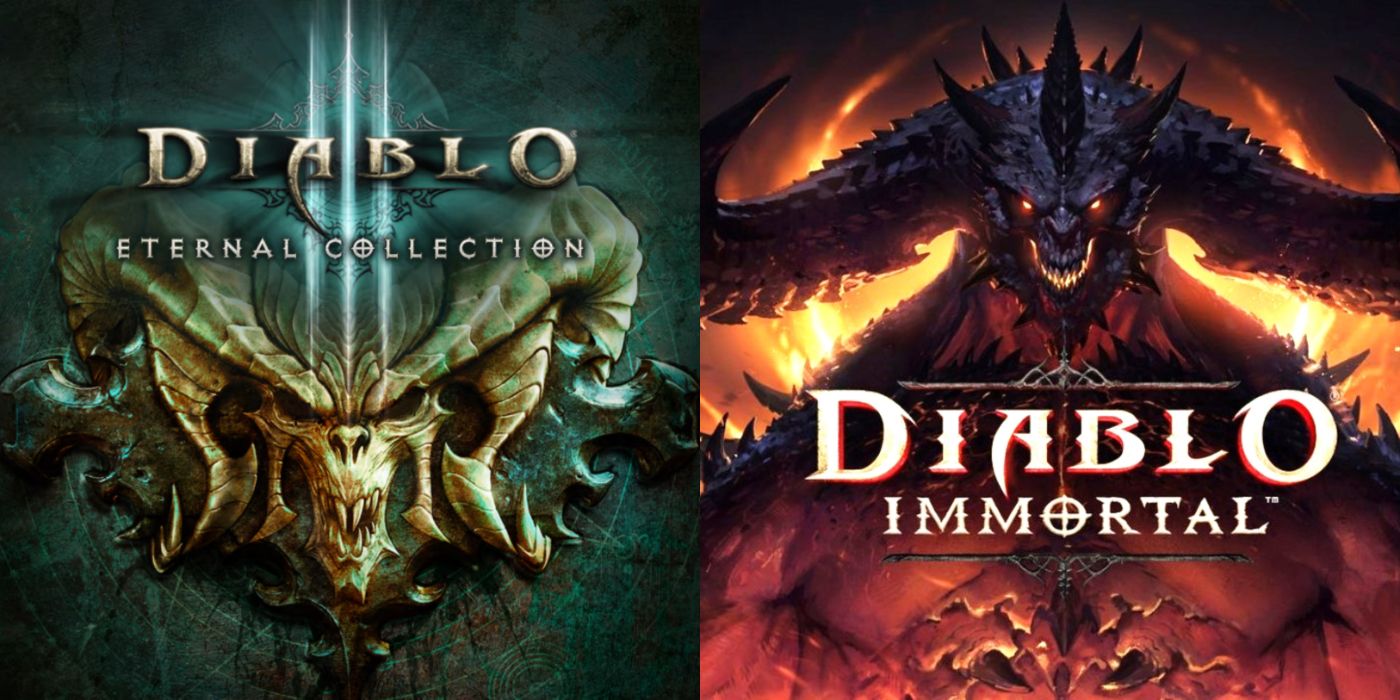 Split image of Diablo 3 and Immortal promo art with a demonic skull and Skarn, respectively.