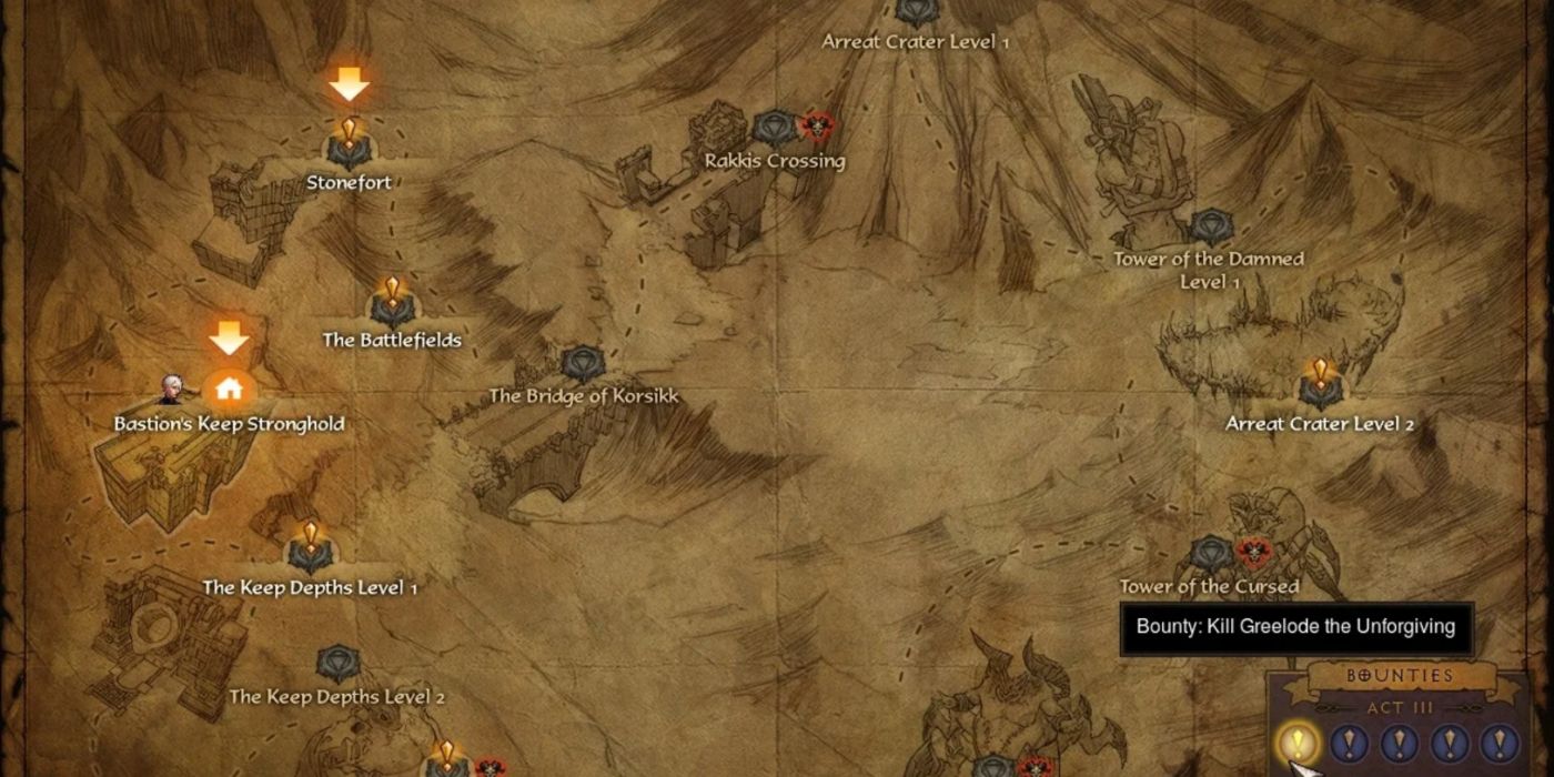 The map in Diablo III with the Bounties in the bottom corner.