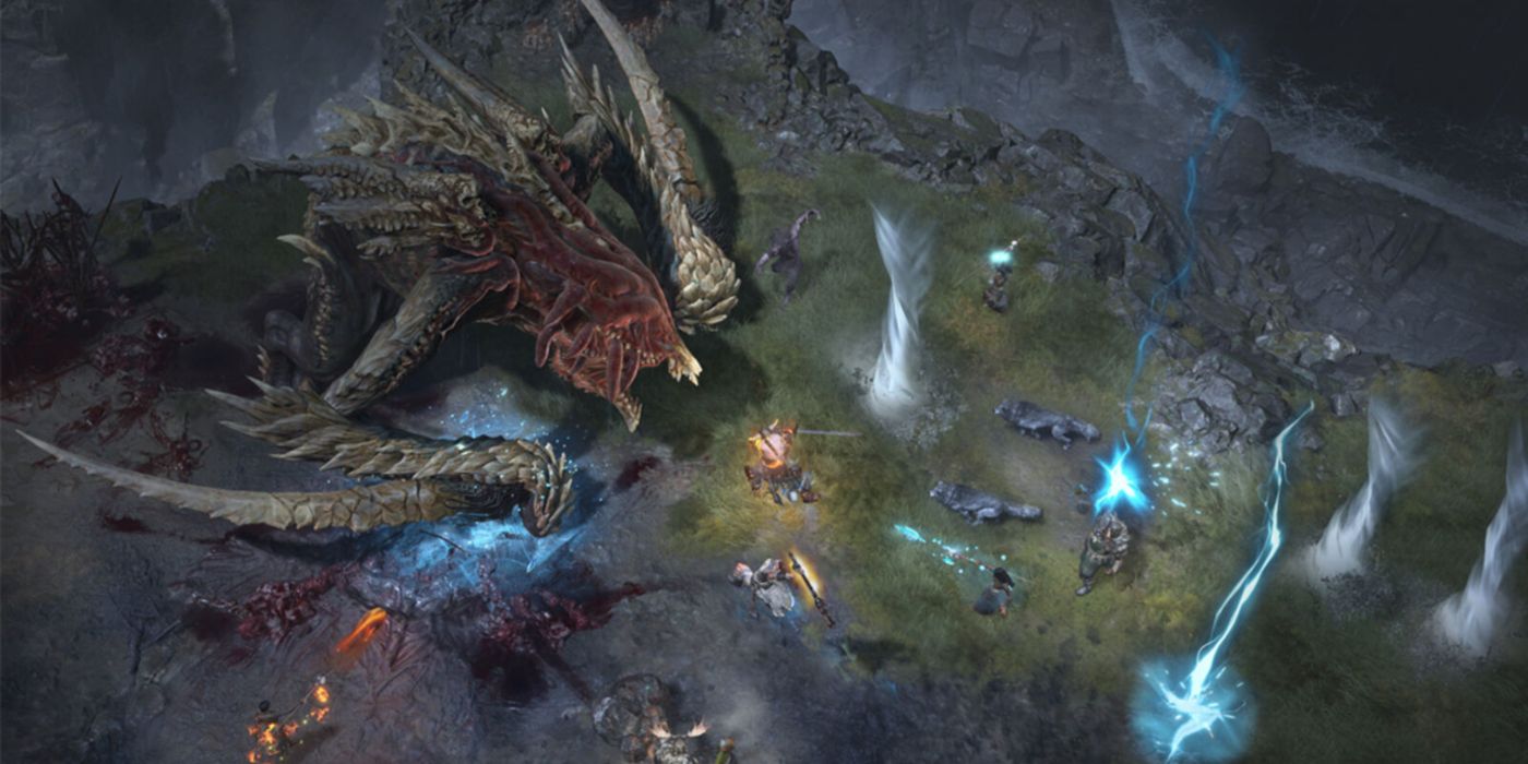 Players teaming up against a large monster in Diablo IV.