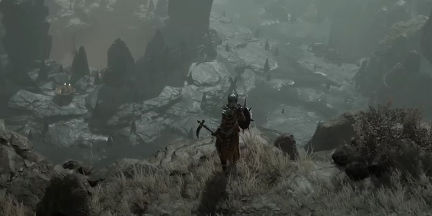 The player character in Diablo IV overlooking the grim open world.