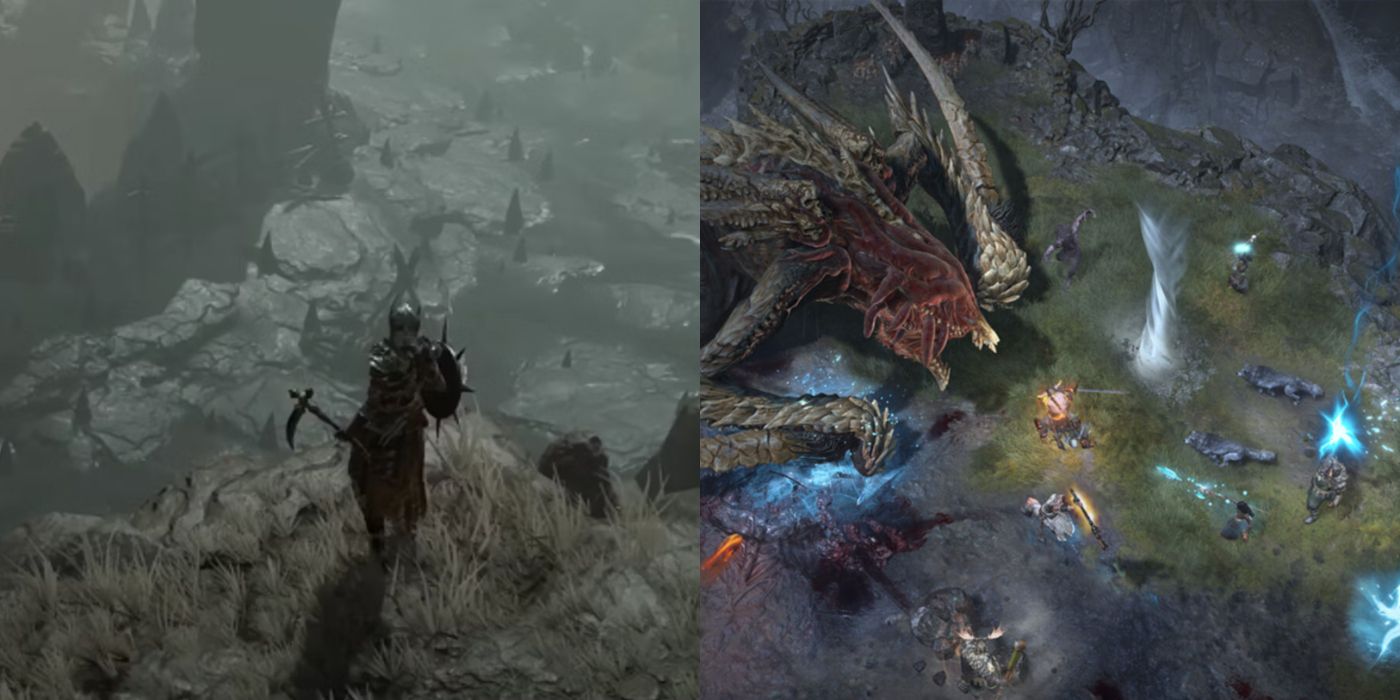 Split image of a lone player overlooking D4&rsquo;s grim world and a team fighting a monster.