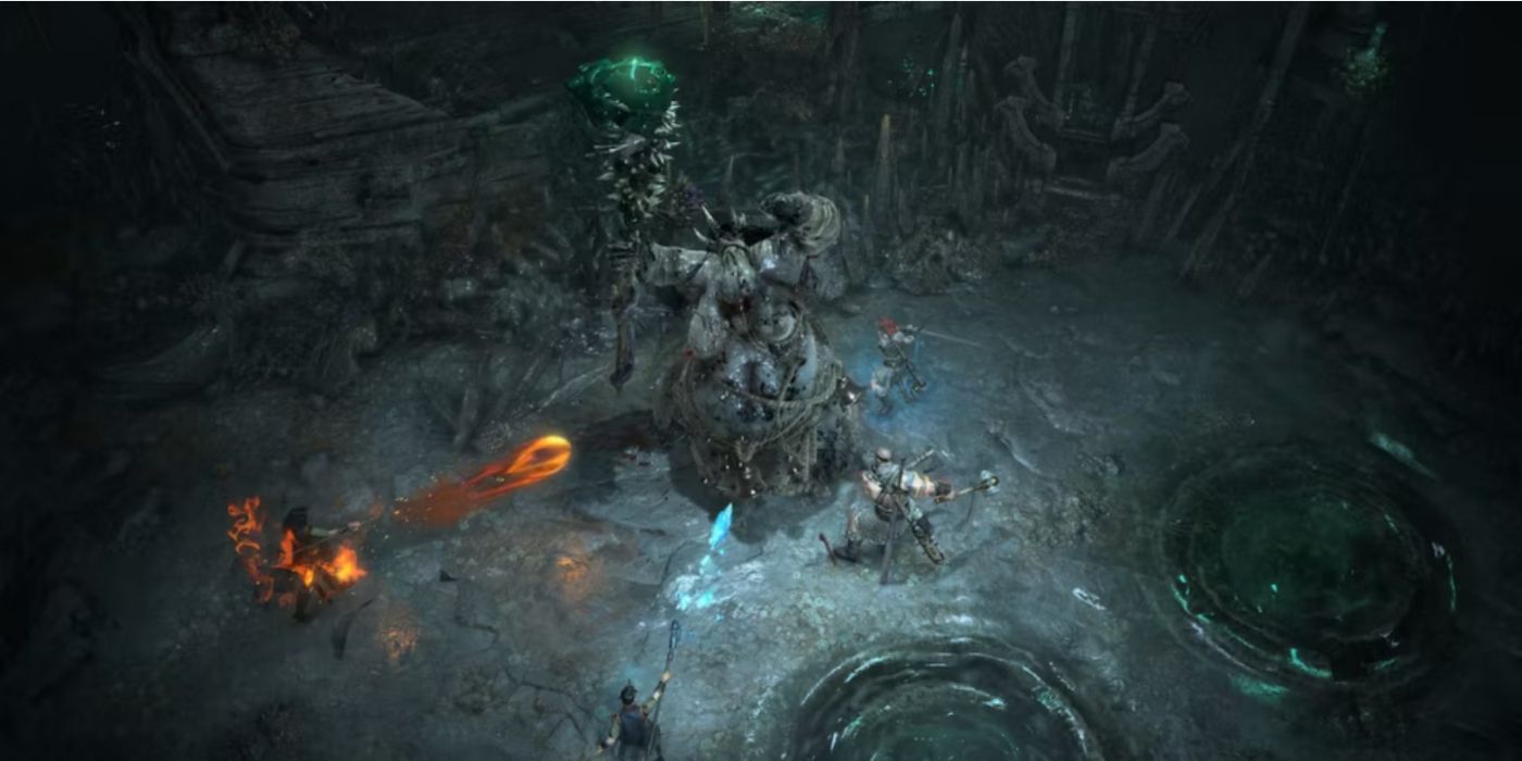 A group of characters fighting a large demonic monster in Diablo IV.