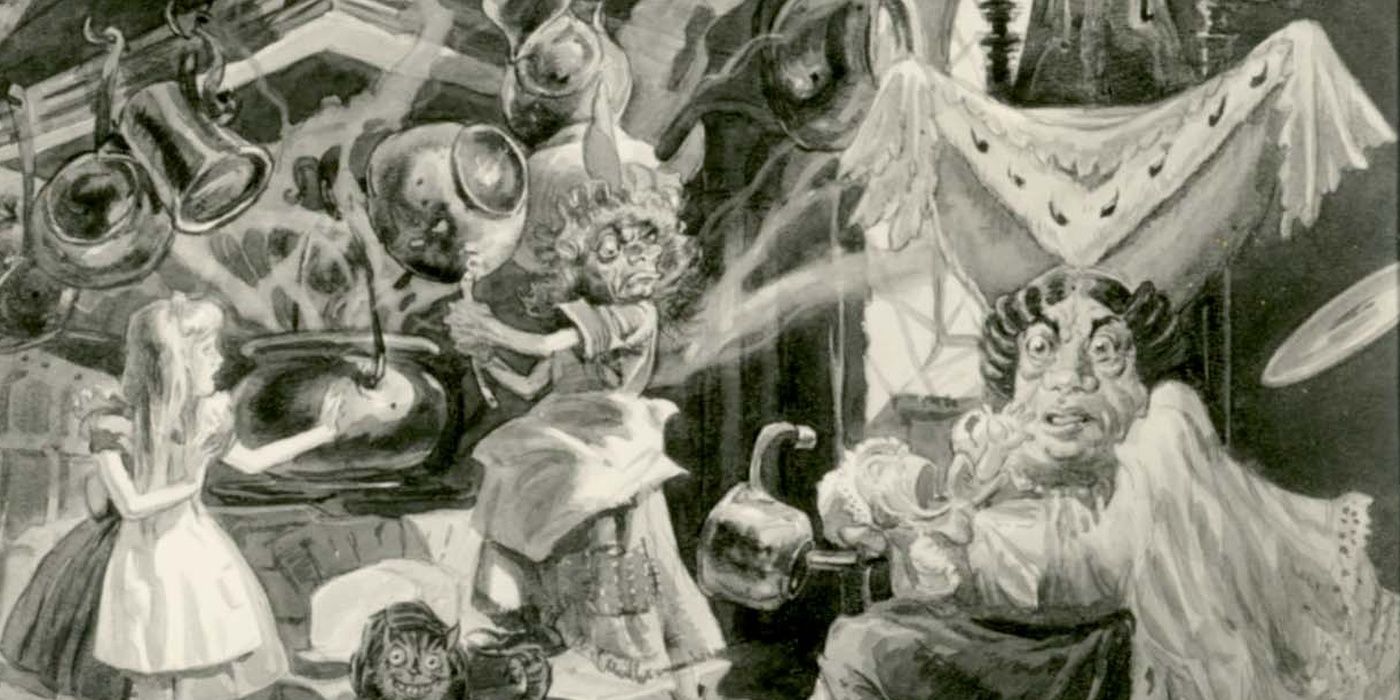A scene of the cook and the Duchess in Alice in Wonderland