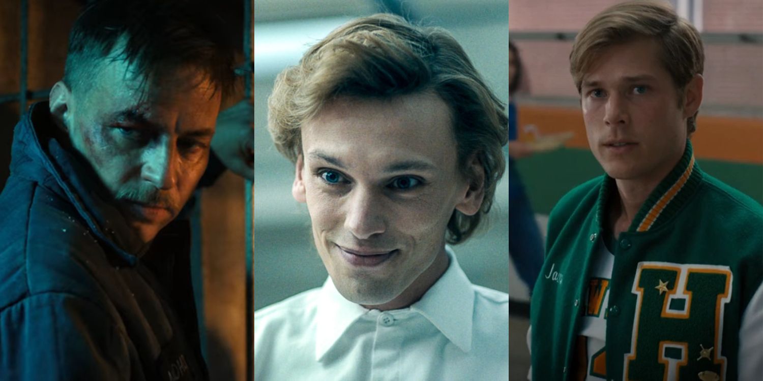 Dmitri, Henry Creel and Jason in Stranger Things Season 4 Split Image