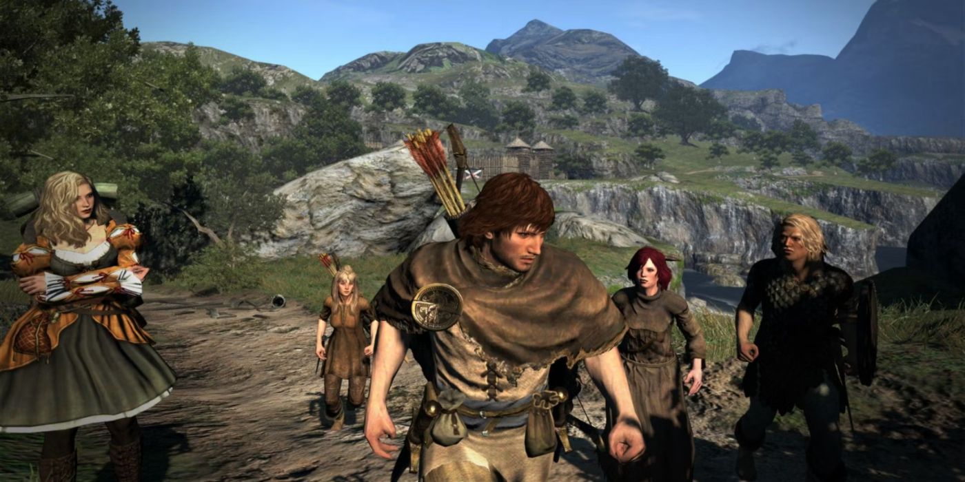 The Dragon's Dogma protagonist traveling with his party of Pawns.